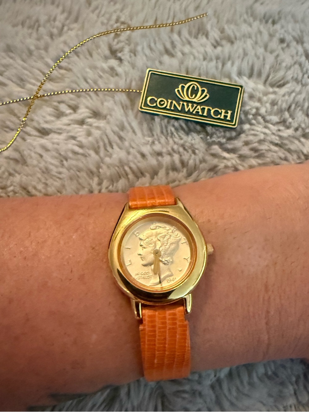 Vintage Gold-Tone Coin Watch with Orange Leather Strap